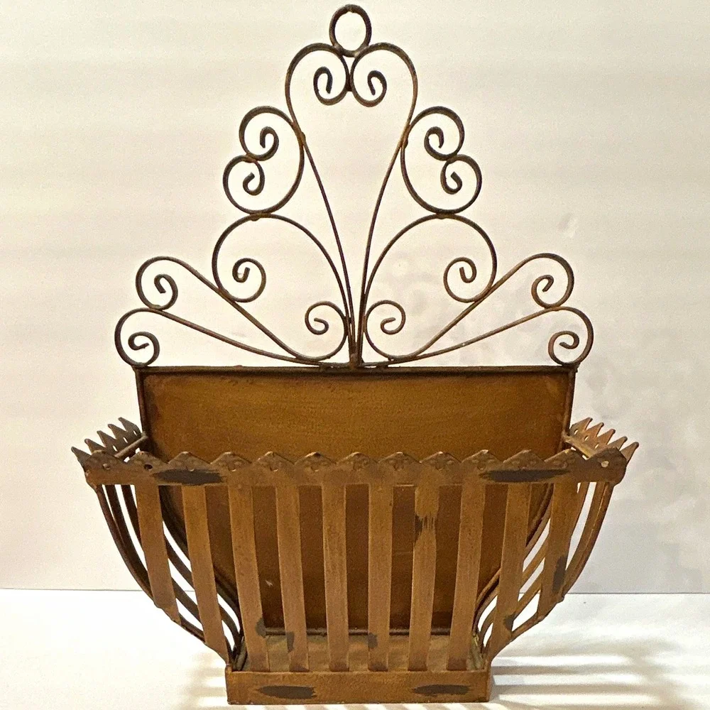 Brown Metal Wall Mounted Decorative Basket Holder w/ Scrollwork 16x12x5